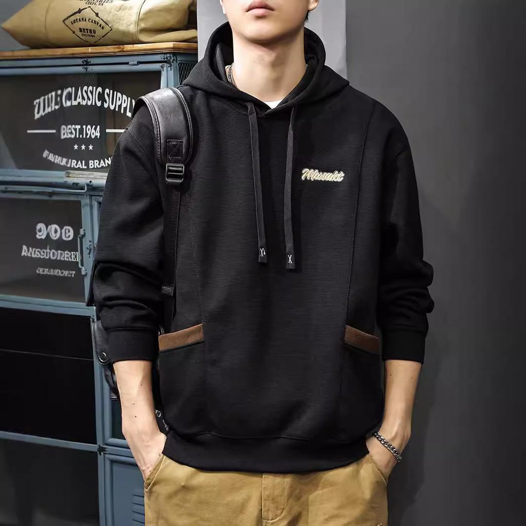 American Casual Color Matching Pocket Long-Sleeved Men'S Sweater Autumn Simple Embroidery Loose Heavy Hooded Jacket