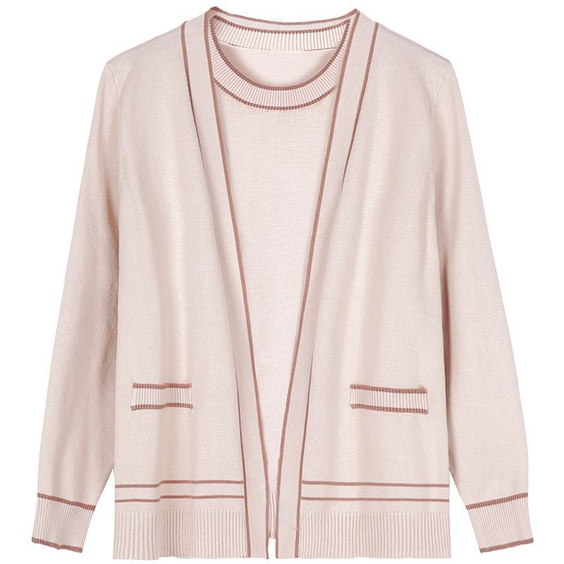 2-teiliges Set mit Strickoberteilen, Frühling und Herbst, für Damen, dünne Strickjacke, Jacke, kurzärmeliges T-Shirt, Übergröße, Strickmantel mit offener Vorderseite, Strick-T-Shirt-Outfits