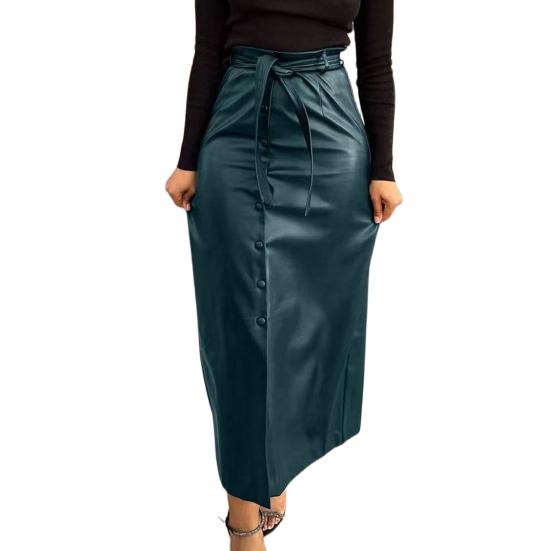 

Жіноча спідниця зі штучної шкіри з високою талією, зі спідницею-олівцем, що облягає стегна, з розрізом спереду, із застібкою на ґудзики та поясом, для роботи, вулична спідниця S зелений