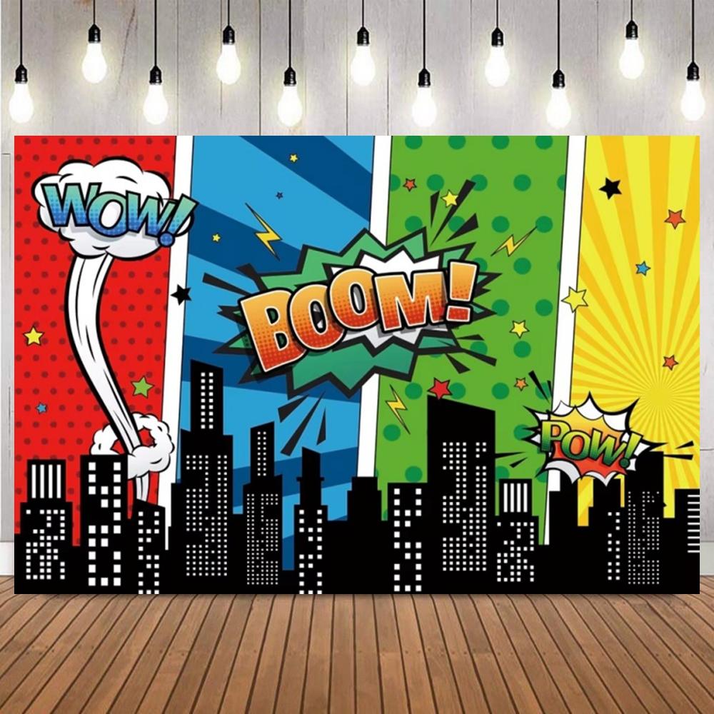 Comic Style City Superhero Photo Backdrop Colorful Buildings Birthday Cake Table Decoration Banner Party Photography Background8