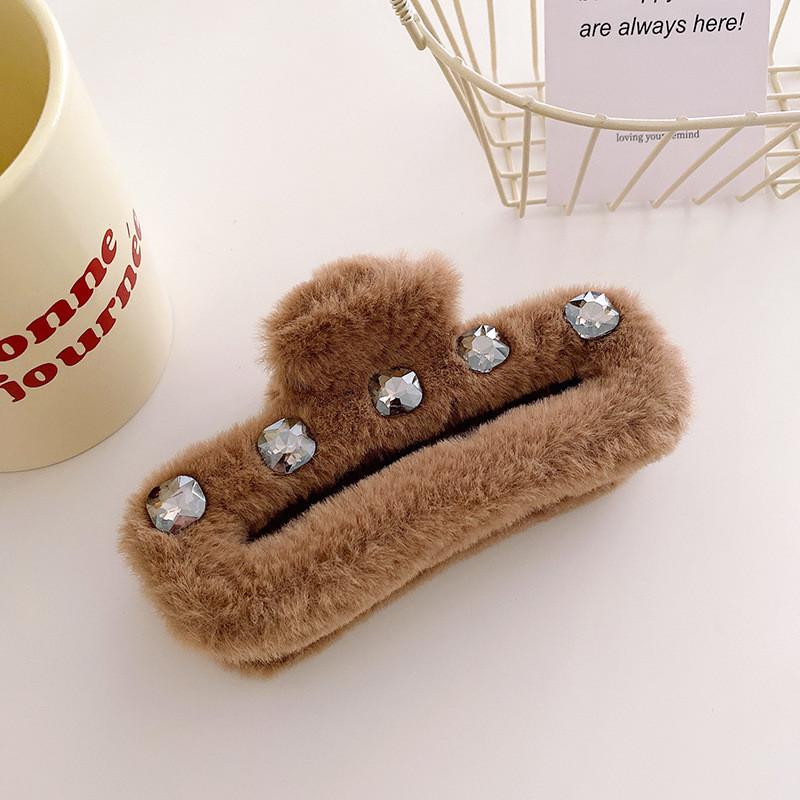 Chic Korean Style Soft Plush Hair Claw Clip With Sparkling Rhinestones For Women