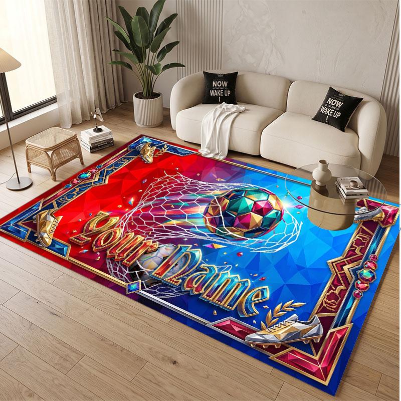 Soccer Theme Soft Crystal Velvet Rug Custom Name & Text Print Non Slip Floor Rug for Bedroom Living Room