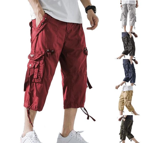 Summer Mens Casual Cargo Short Pants 3/4 Loose Fit Below Knee Capri Cargo Trousers Cotton