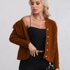 Womens V-Neck Knit Cardigan Sweater With Cable Twist Detail Thick Wool Blend Warm Outerwear
