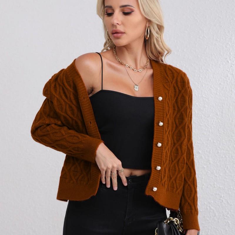 Womens V-Neck Knit Cardigan Sweater With Cable Twist Detail Thick Wool Blend Warm Outerwear