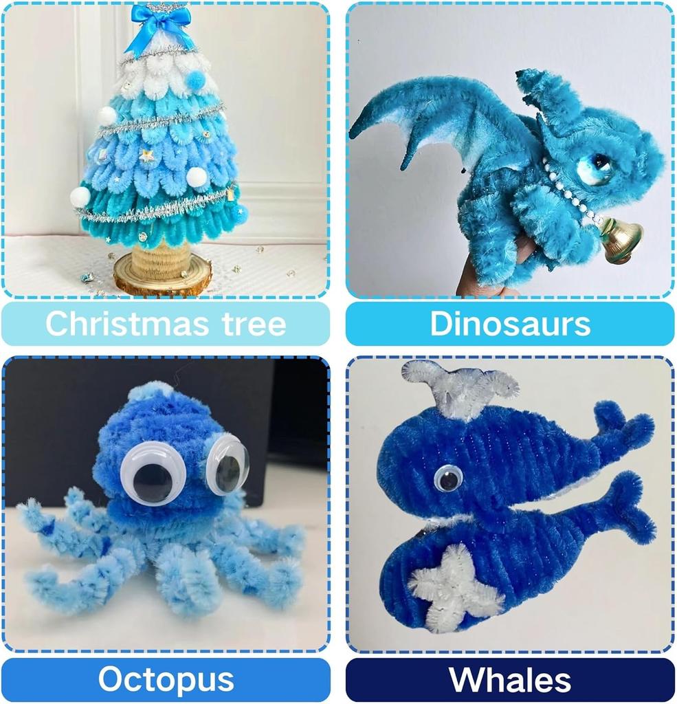 100/300 PCS 6 Colors Gradient Blue Pipe Cleaners Chenille Stems, Pipe Cleaners Craft, Pipe Cleaners Set for DIY Art and Craft