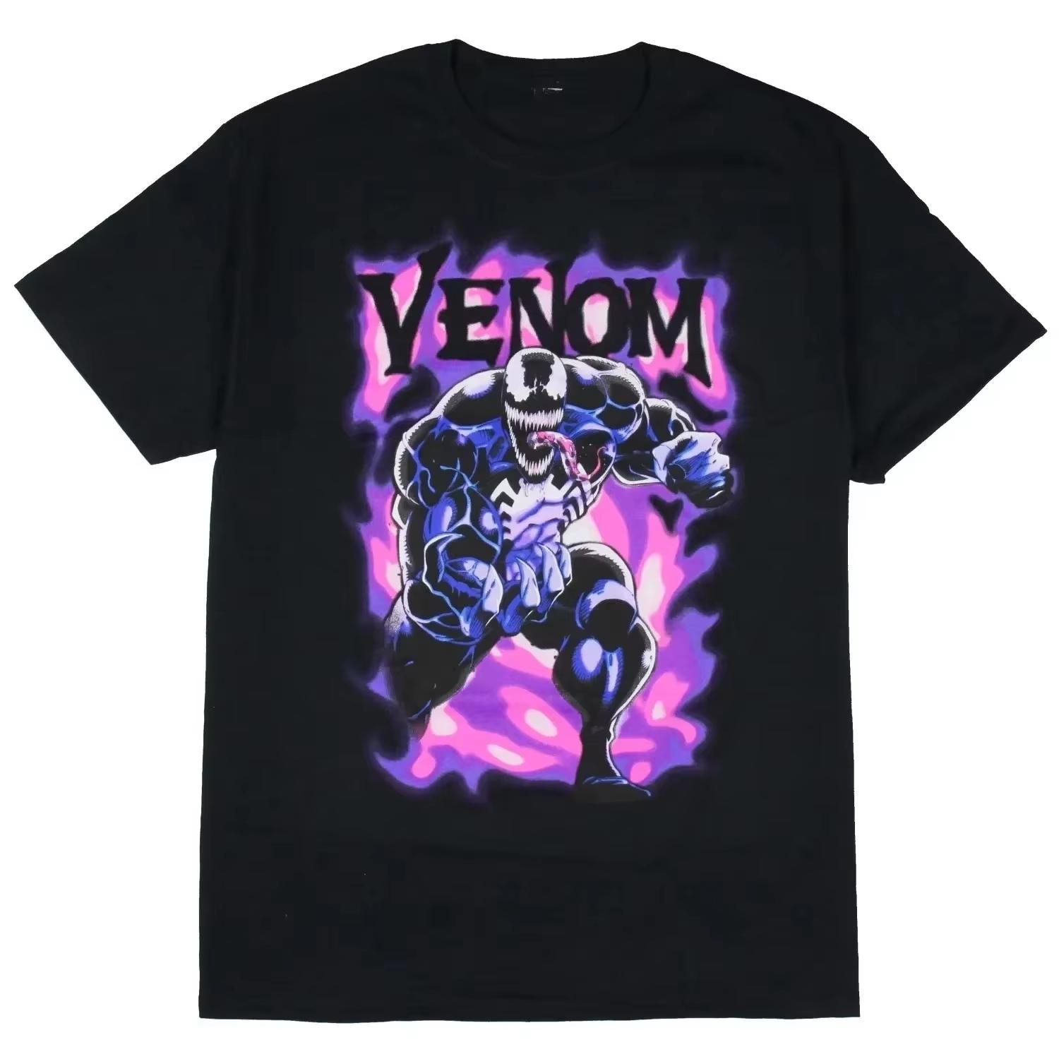 Black Marvel Venom T-shirt Features the Iconic Symbiote with Retro Purple Flames for Fans of the Edgy Anti-Hero Aesthetic 4XL