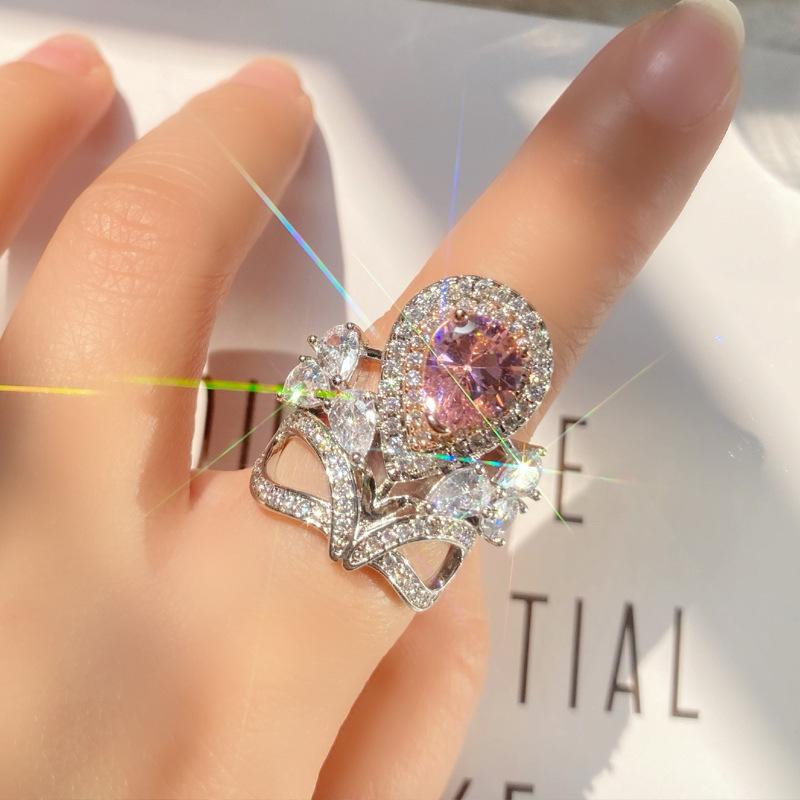 Princess Pink Premium Plated 18K Rose Real Gold Full Diamond Ring Two-Color Treasure Crown Ring Jewelry Women