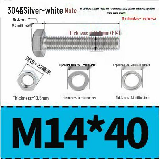 304 Stainless Steel Hex Head Bolt and Nut Set M6-M14, Lengths 8-100mm