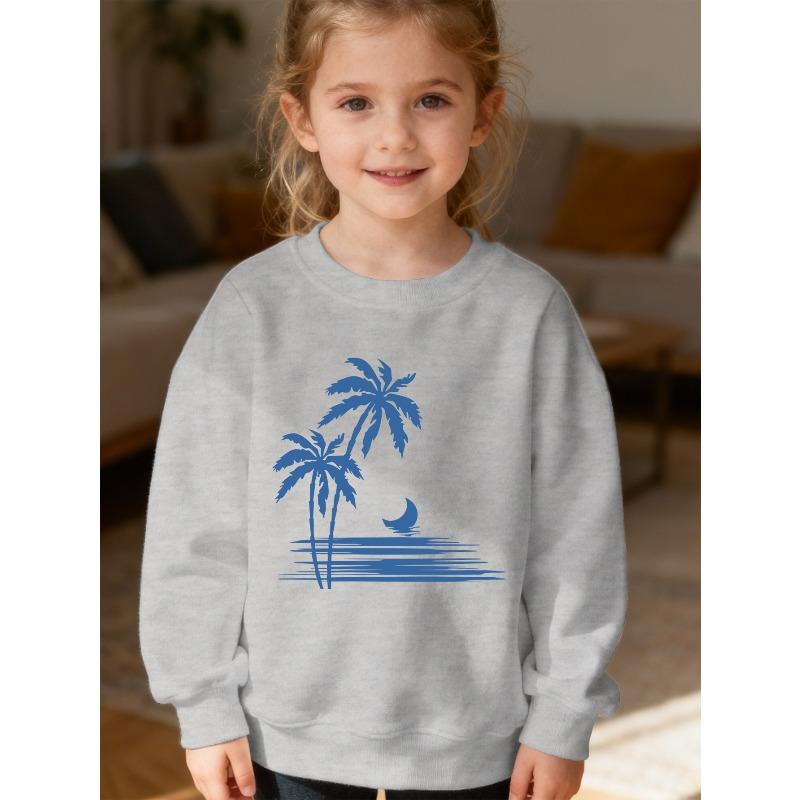 Kids Unisex Crewneck Sweatshirt, Blue Palm Tree Moon Sea Beach Silhouette Print Soft Fleece Pullover For Kids Over 4 Years Old
