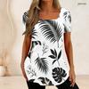 Women Plus Size U Neck Short Sleeve White Black Tropical Leaf Printed T Shirt