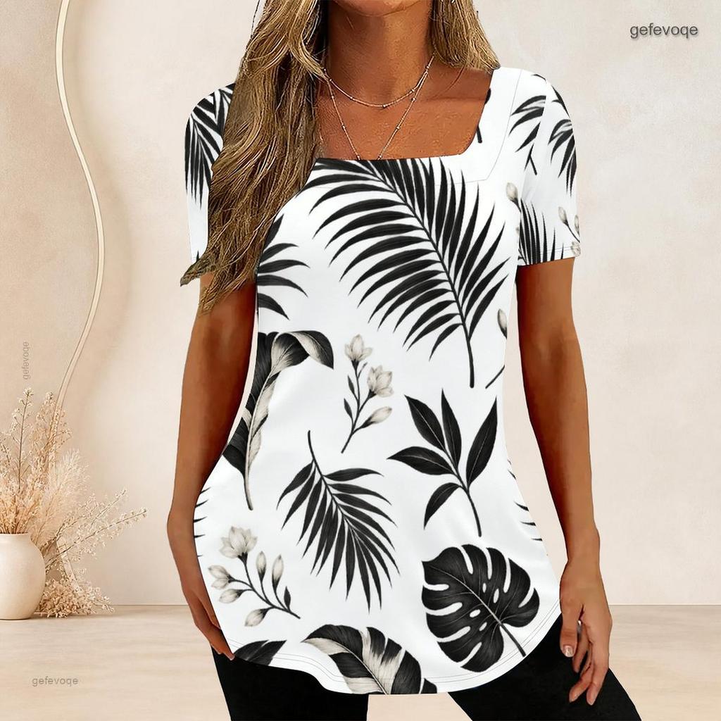 Women Plus Size U Neck Short Sleeve White Black Tropical Leaf Printed T Shirt