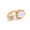 Yhpup Stainless Steel Baroque Simulated Pearls Zircon Adjustable Ring 18K Gold Color PVD Plated Exclusive Chic Fashion Jewelry