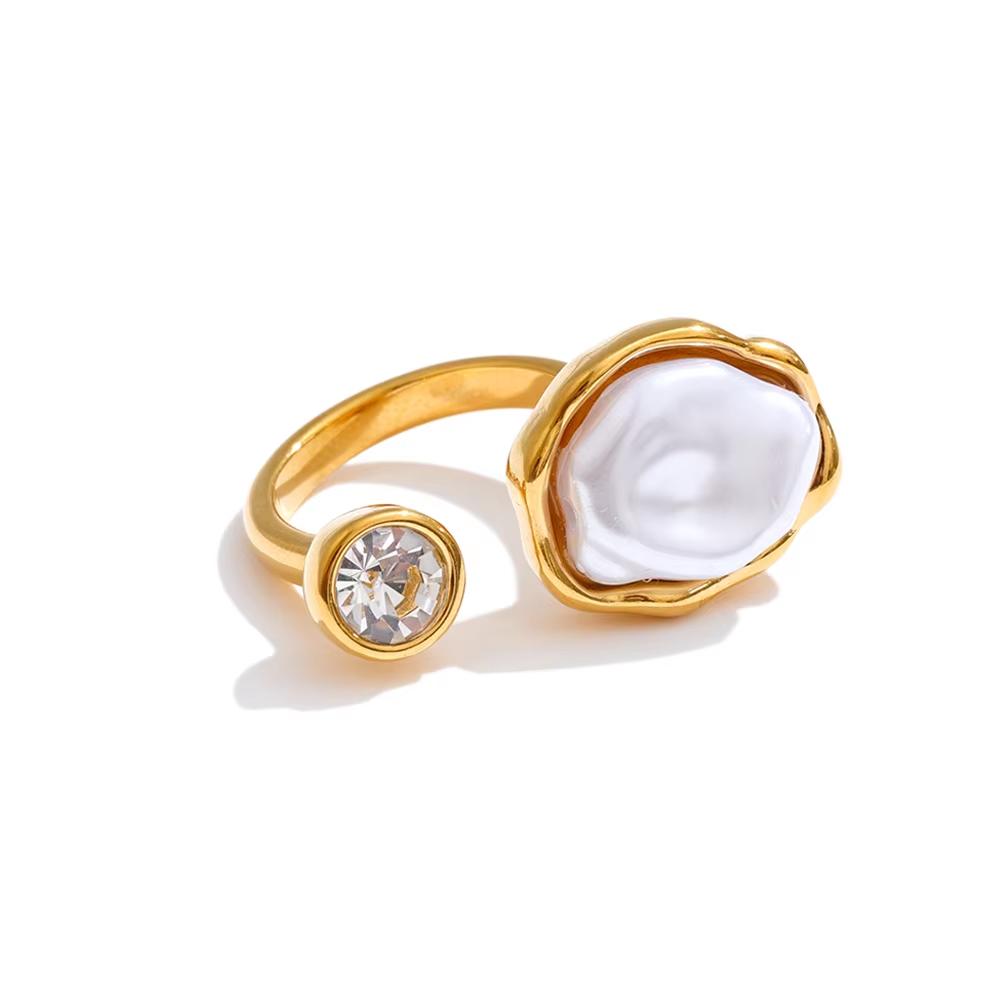 

Yhpup Stainless Steel Baroque Simulated Pearls Zircon Adjustable Ring 18K Gold Color PVD Plated Exclusive Chic Fashion Jewelry resizable