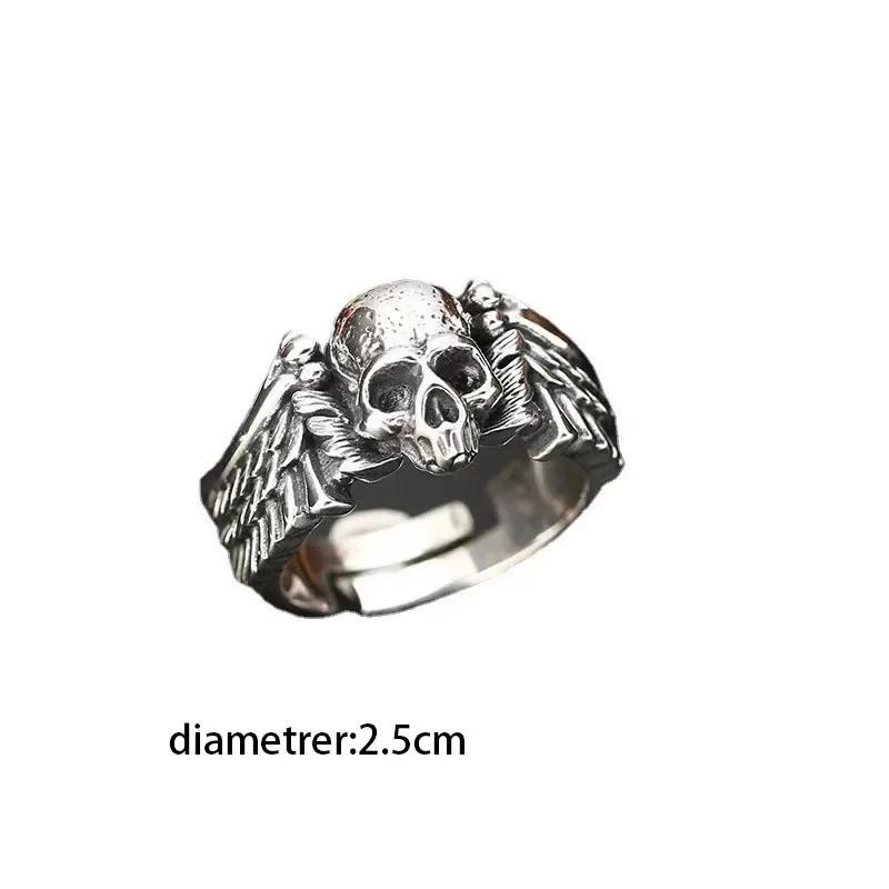 Retro Punk Teufel Engelsflügel Totenkopf Offen Verstellbarer Ring Hip Hop Trend Totenkopf Schmuck für Männer