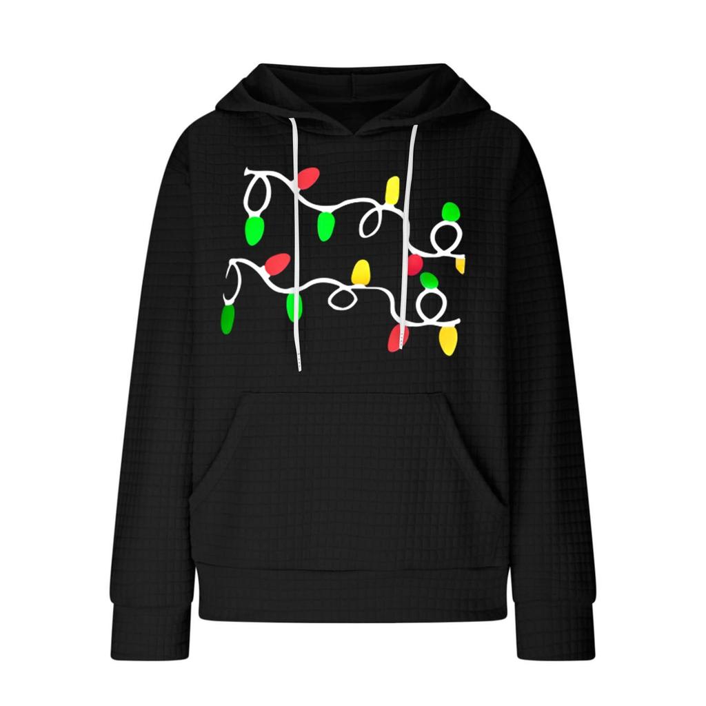 Women's Fashion Loose Hooded Pullover Long Sleeve Plaid Sweatshirt With Drawstring, Drop Shoulder, Pocket, Christmas Print Top