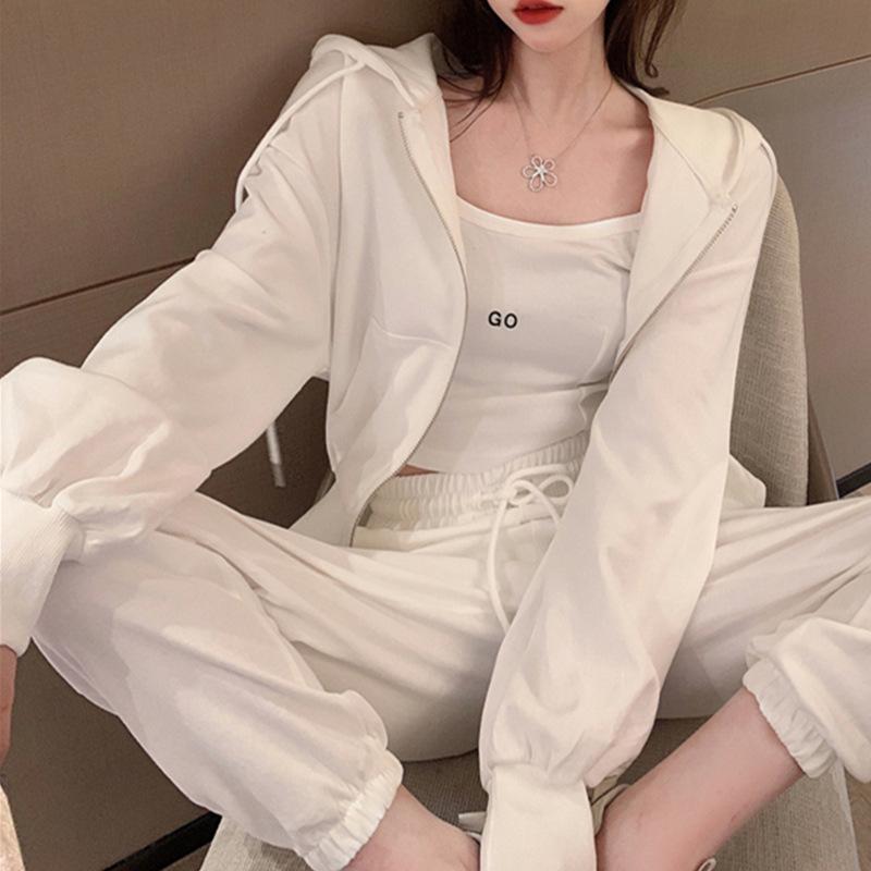 2024 Spring Hong Kong Style Women's Casual Three-Piece Sportswear Set: Long Pants, Zipper Hoodie, Camisole.