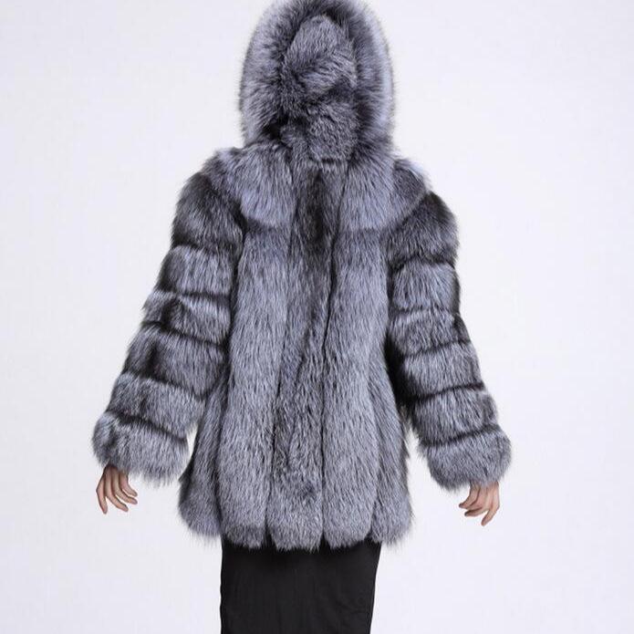 Women's Hooded Faux Fur Coat - Silver Fox Patchwork, High-End Socialite Style, European & American Design.
