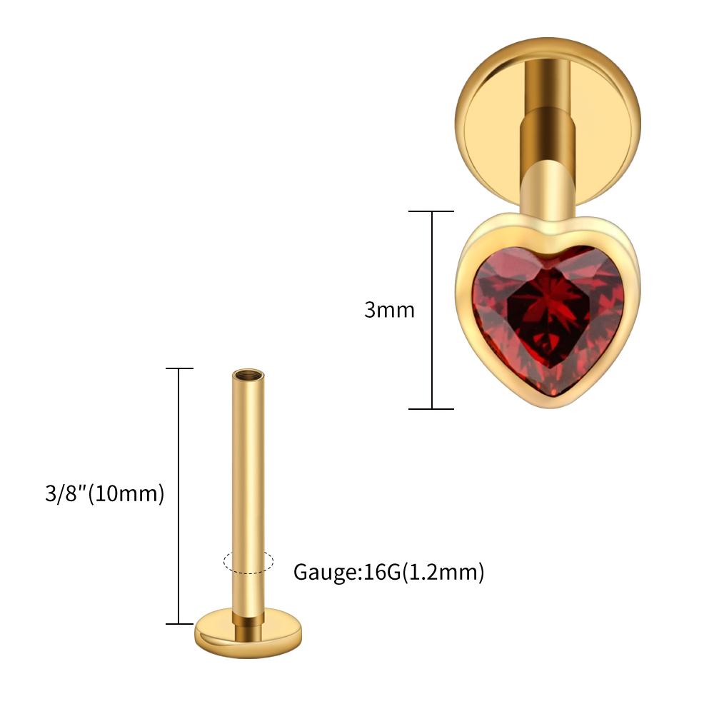 Right Grand ASTM F136 Titanium Heart Shaped CZ Flat Back Labret Stud 16G Garnet Cartilage Helix Ear Piercing Halloween Jewelry