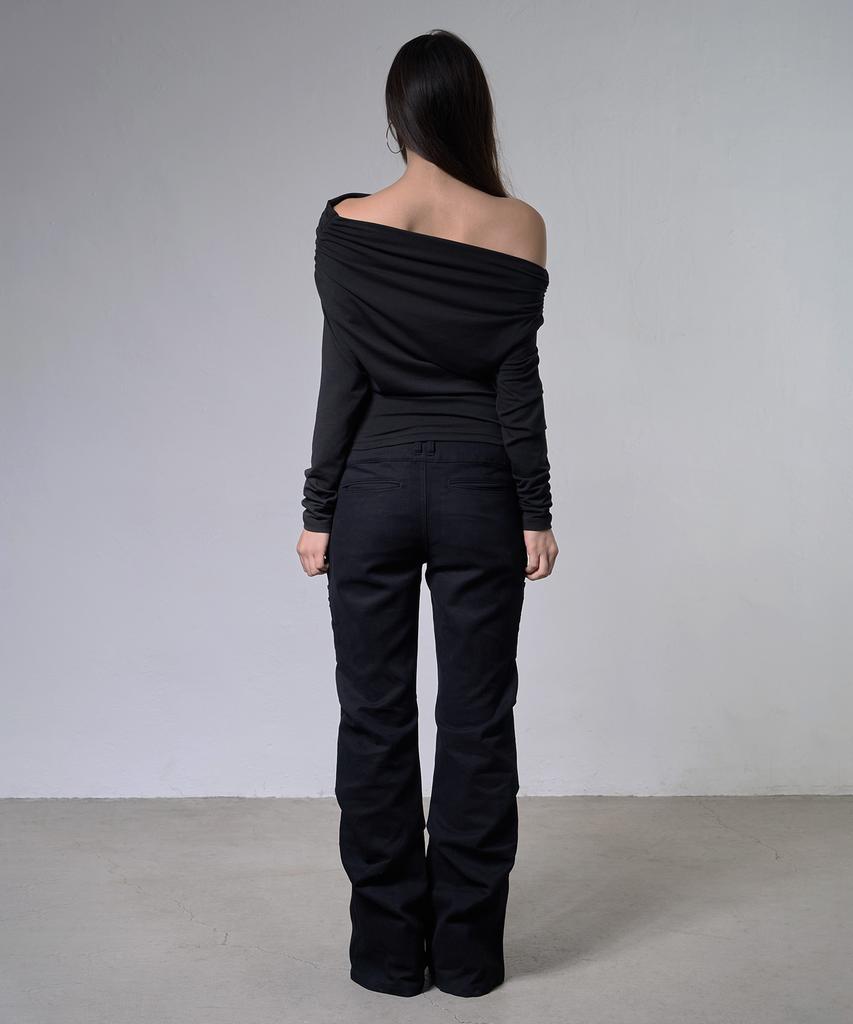 FANCY CLUB Eyelet Cowl One-Shoulder Top (Black) F26Zb520
