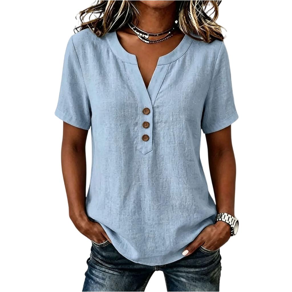 Women's Casual V-Neck Button Blouse Loose Fit Color Cotton Linen Top
