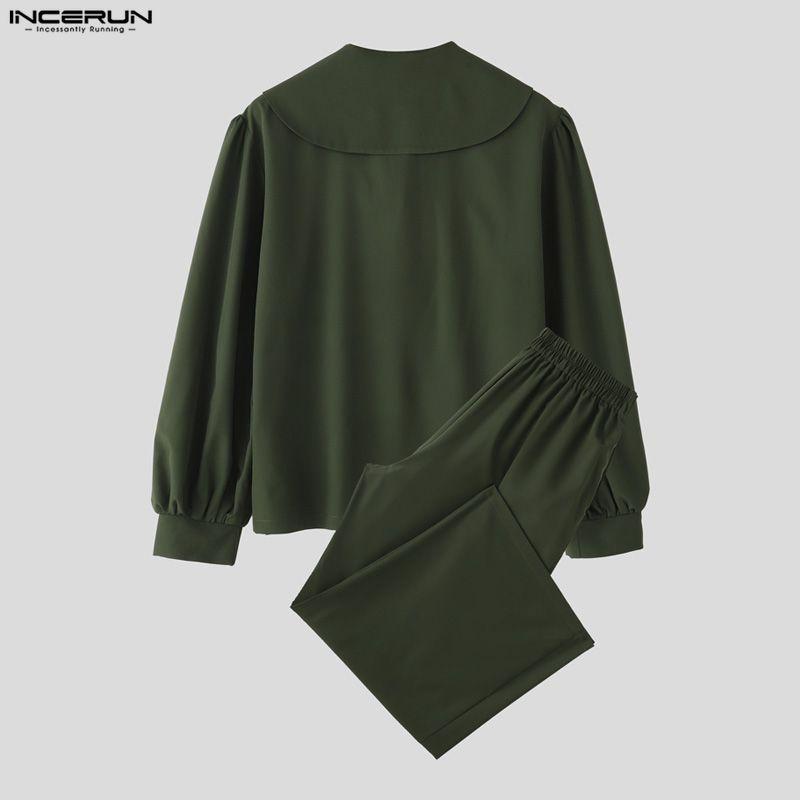 INCERUN Oversized Men Outfits Naval Collar Long Sleeve Shirts Long Pants Casual Two Pieces