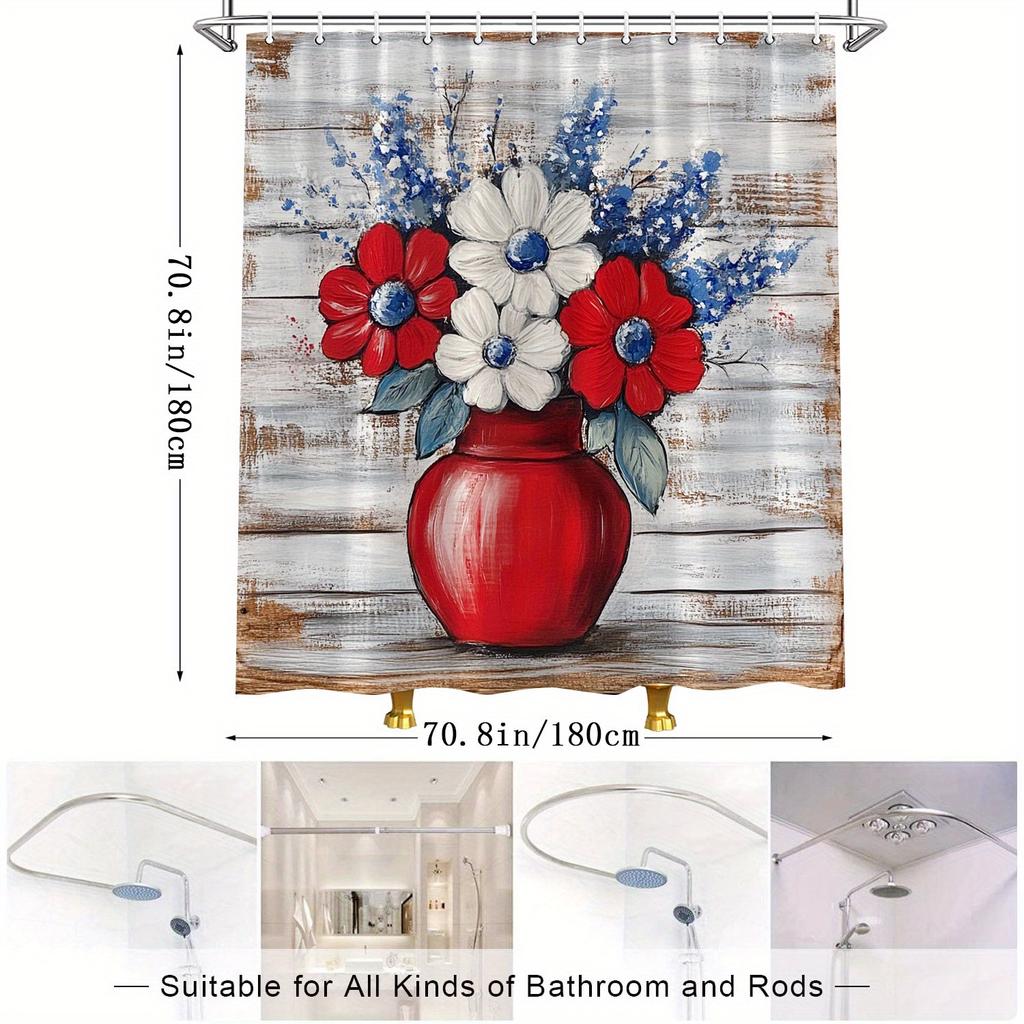 1pc Polyester Shower Curtain - Folk Art Floral Design with Red Ceramic Vase & Rustic Wooden Planks