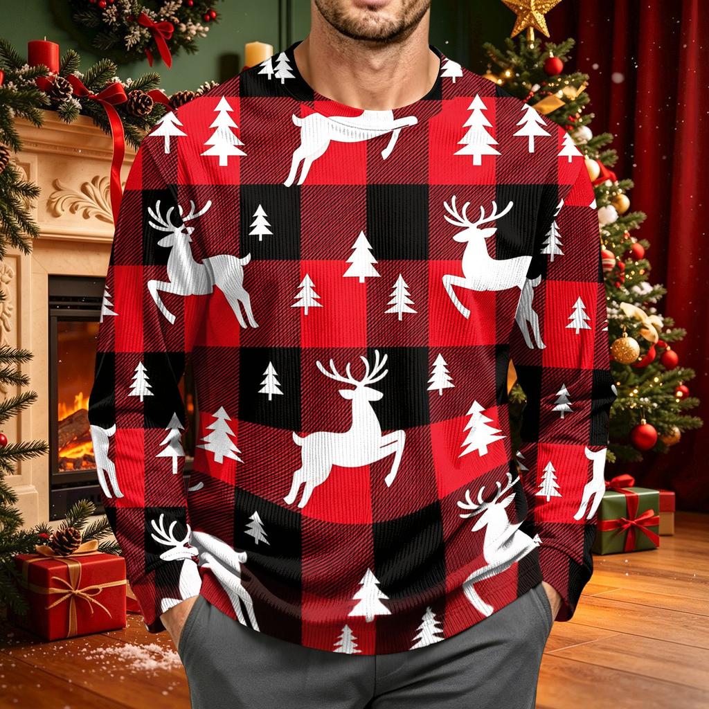Men's Corduroy Long Sleeve Neck Shirt with Christmas Print for Holiday Casual Wear