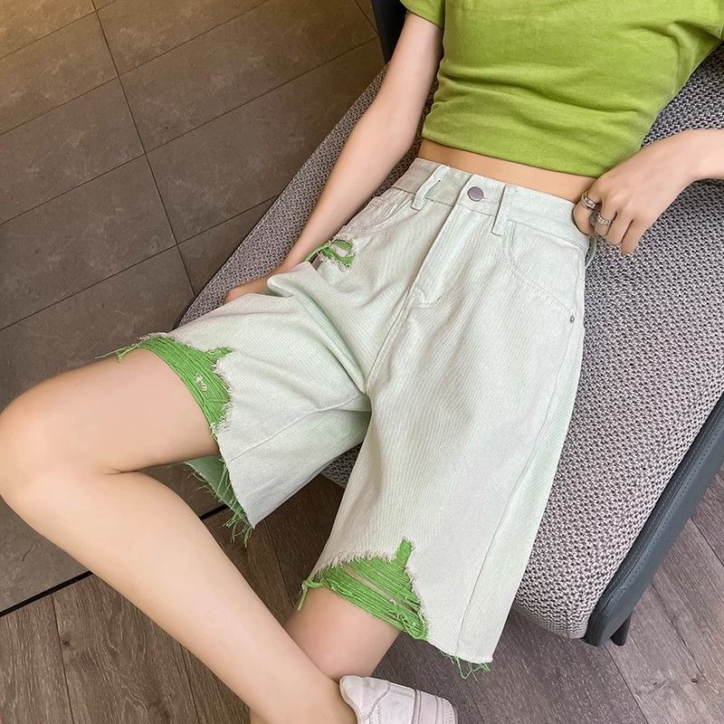 Green Denim Shorts for Women In Summer Thin Cut with Holes Beggar Pants High Waist Covering Thighs Wide Legs A-line Five Quarter Pants