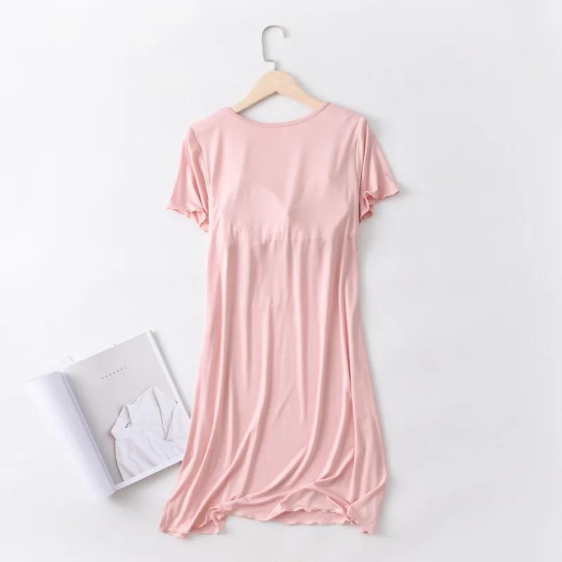 Modal Night Gown with Chest Pad Short-length Sleeve Nightdress Pajamas Bra-free Thin Large Size Ruffle Sleeping Dress for Women Summertime