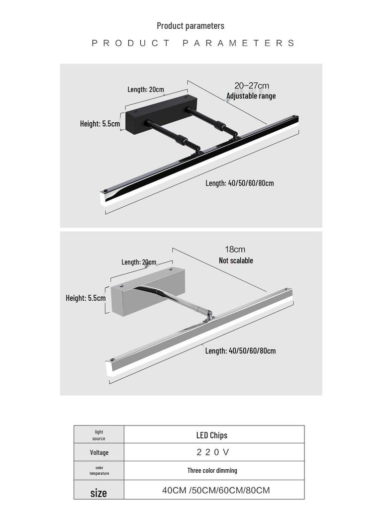 Nordic Minimalist LED Vanity Light, Telescopic Mirror Cabinet, Punch-Free, Three-Color Wall Light for Bathroom