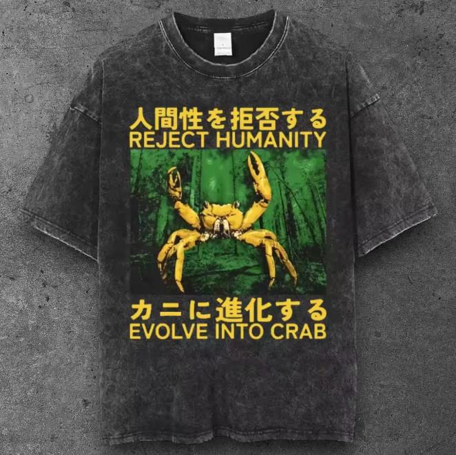 Mens Crab Graphic Oversized T Shirt Washed Black Y2K Streetwear S-2XL S