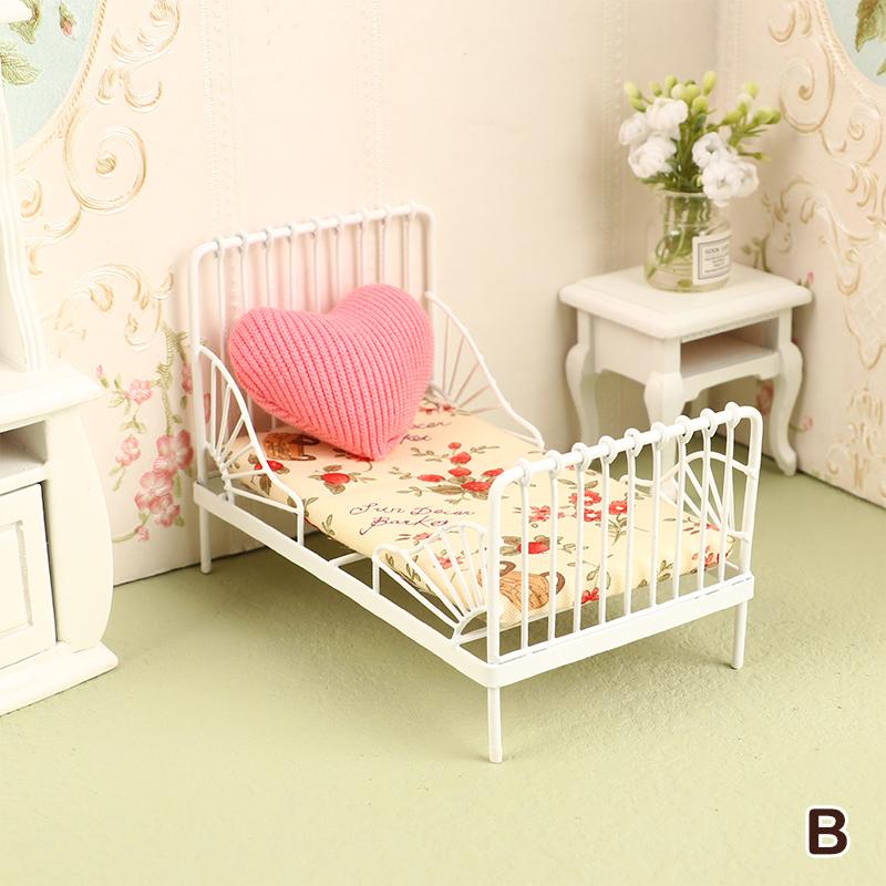 1Set 1:12 Dollhouse Iron European Bed Mini Cradle with Mattress Cushion Ornaments Miniature Furniture Bedroom Decor Toy