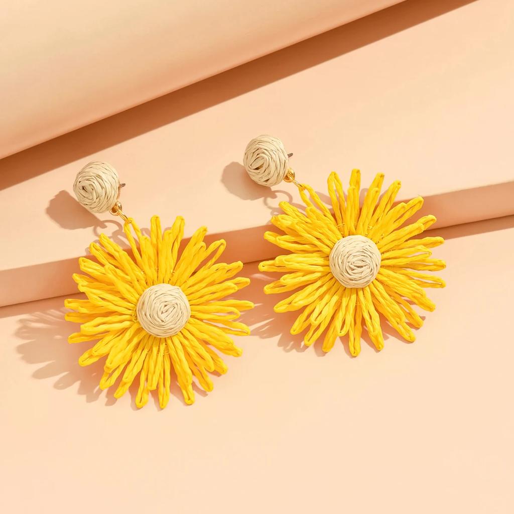 1Pair Colorful Sun Flower Earrings For Women Girl Handmade Bohemian Rattan Knit Earrings Summer Party Jewelry Gifts