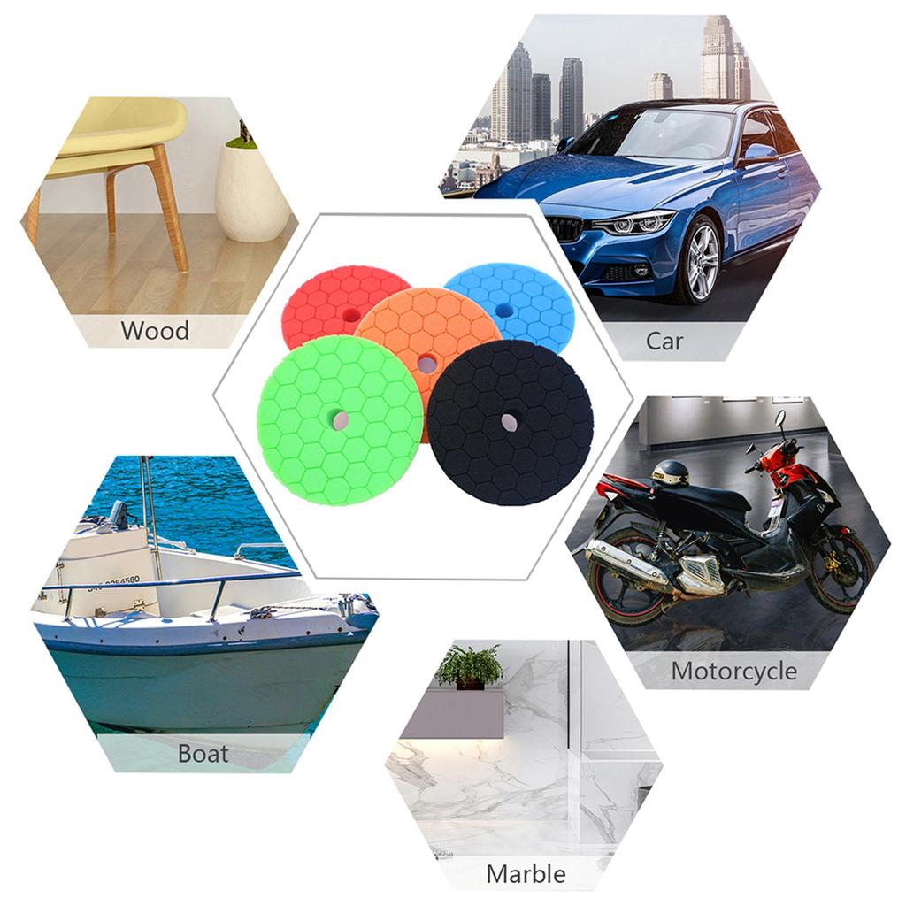 Buffing Polishing Pads 5 Pcs 6 Inch Car Foam Pads Kit with Adhesive Backing Washable Reusable for Car Boat Marble Wood Metal Waxing Polishing