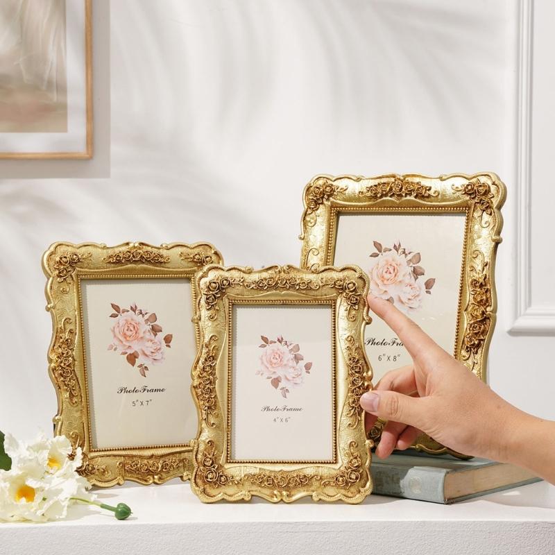 Antique Gold Carved Picture Frame With Ornate Florals Embossed For Wall Hanging Or Tabletop Decoration Photo Display