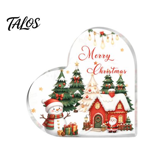 Romantic Christmas Gifts Heart Shaped Acrylic Tabletop Sign, 2D Winter Snow Scene Desktop Ornament Holiday Centerpieces with Santa, Snowman