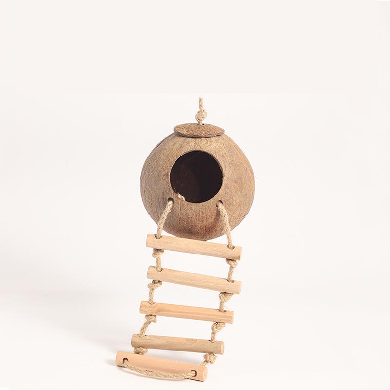 Small Animals House Pet Cage Habitats Decor Coconut Bird Nest Hut with Ladder for Parrots Parakeet Conures Cockatiel