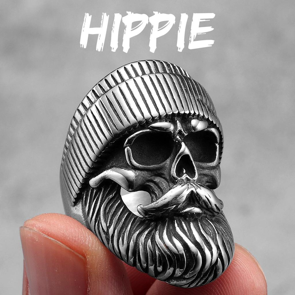 Big Beard Hippie Skull Stainless Steel Mens Rings Punk Hip Hop Cool for Male Boyfriend Biker Jewelry Creativity Gift Wholesale