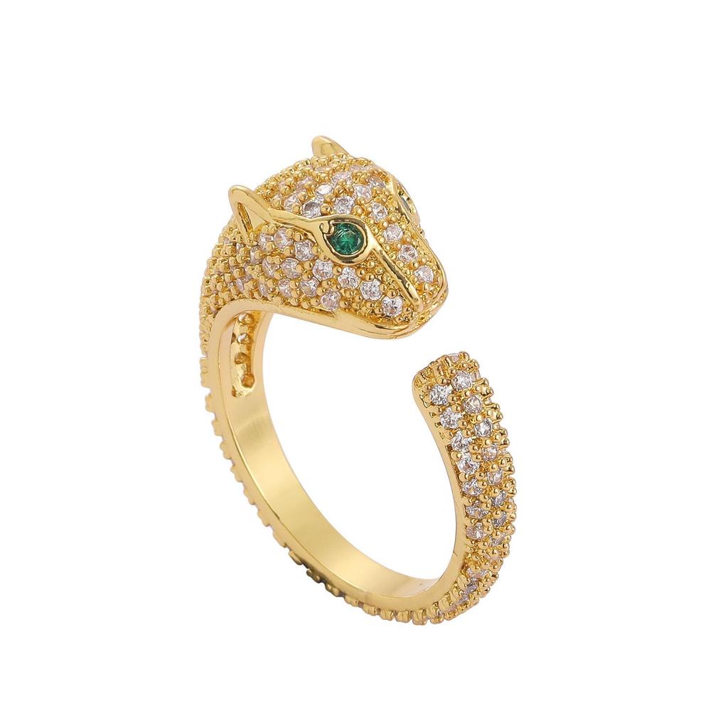 European and American Leopard Head Full Diamond Zircon Adjustable Open Ring - Fashionable and Versatile Couples' Accessory