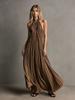 Women's clothing neck stand-up collar pleated pendulum dress, high-end sleeveless, backless, pleated, vacation dress