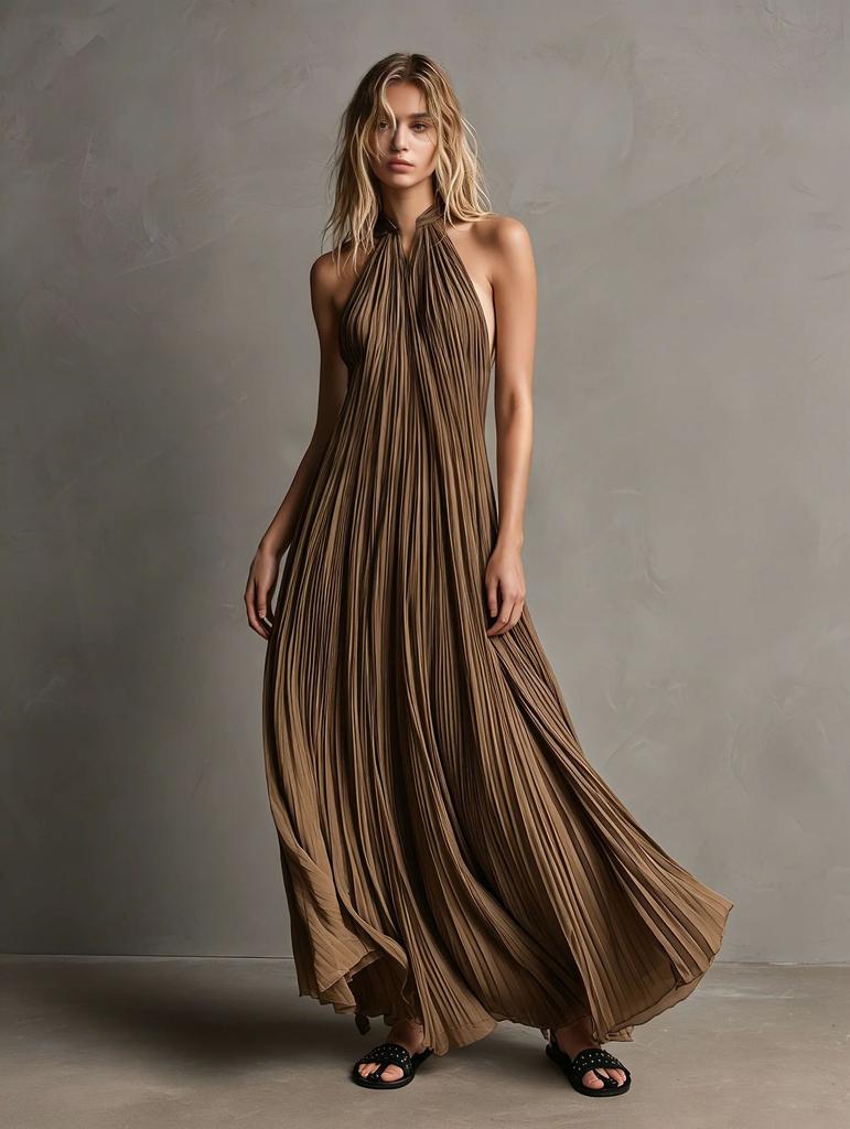 Women's clothing neck stand-up collar pleated pendulum dress, high-end sleeveless, backless, pleated, vacation dress