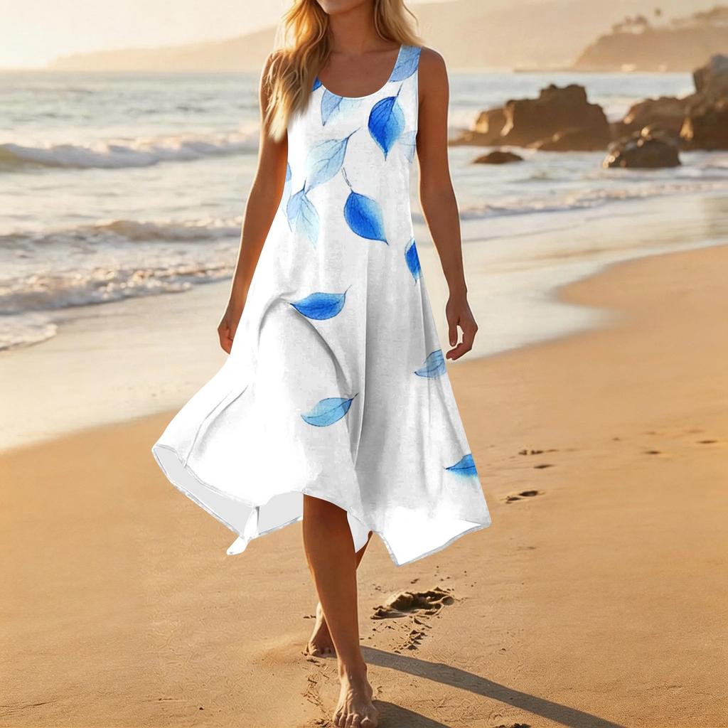 Women Sleeveless Crew Neck Floral Print Asymmetric Hem Midi Dress Casual Loose Fit Summer Sundress for Daily Wear