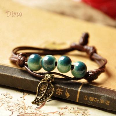 Diamantschmuck, ethnischer Blatt-Katzen-Charm, Keramik-Perlenarmband für Damen, handgewebt