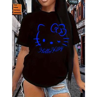 Europejski Rozmiar Hello Kitty Duża Twarz Kreskówka Uroczy Nadruk Koszulka | Ubrania na Wakacje nad Morzem dla Kobiet Letnia Moda Góra, Styl Codzienny, Codzienne Dojazdy