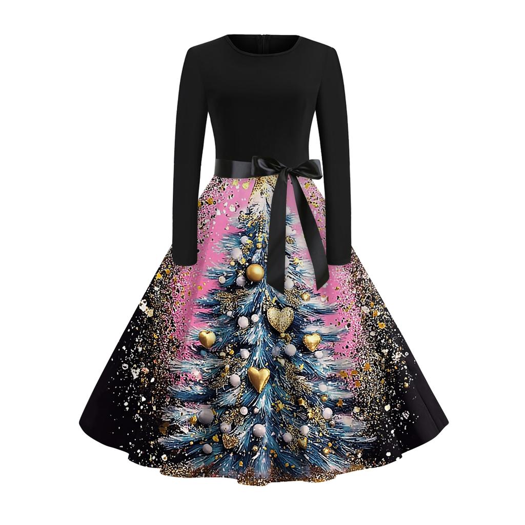 Women's Fashionable And Elegant Autmn And Winter Long-sleeved Christmas Tree Print Dress