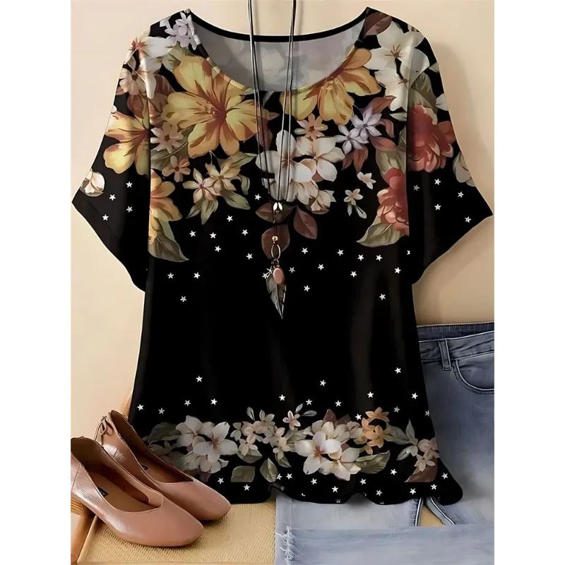 Fashion Women's Crew Neck Short Sleeve 3D Flower Color Printing Flower Short Sleeve Crew Neck T-Shirt