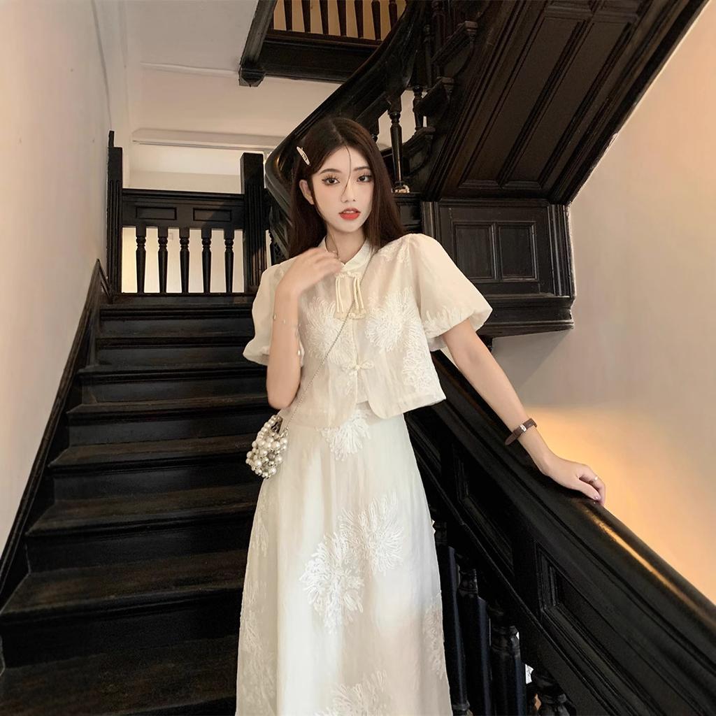 New Chinese Women's National Style Skirt, New High-end Chic Improved Cheongsam Skirt Two-piece Set Summer