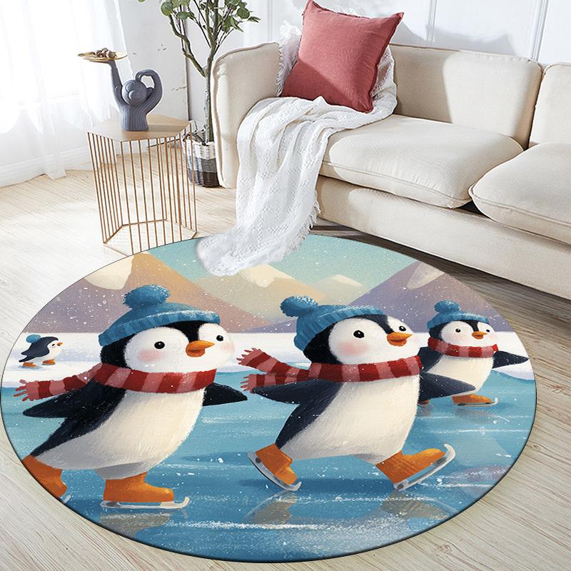 Snowy Day Penguin,Round Area Rug,Carpet Rug for Living Room Bedroom Sofa Playroom Decor,Non-slip Floor Mat