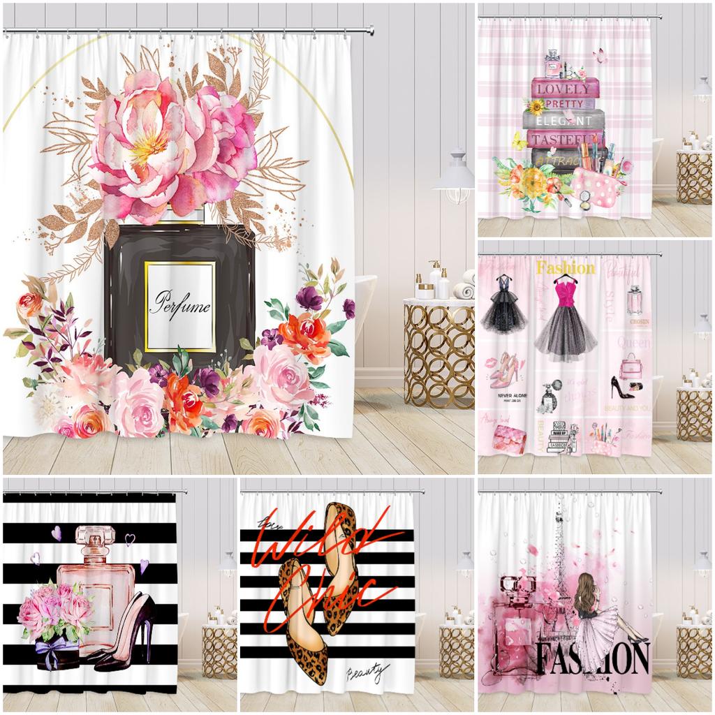 Pink Perfume Fashion Shower Curtains Cosmetics High-heels Dress Floral Bathroom Decorations Girl Vintage Bath Curtain with Hooks